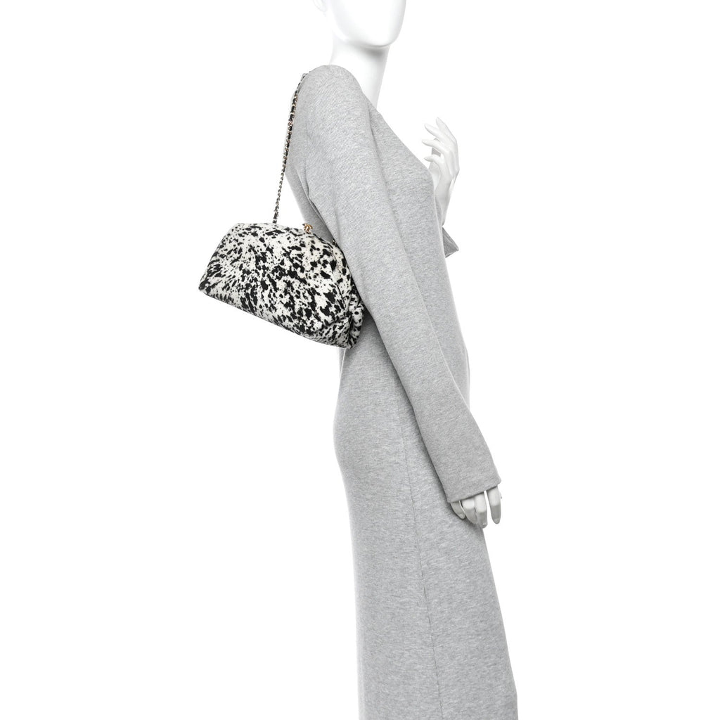 Lambskin Pony Hair Printed Clutch With Chain Black White
