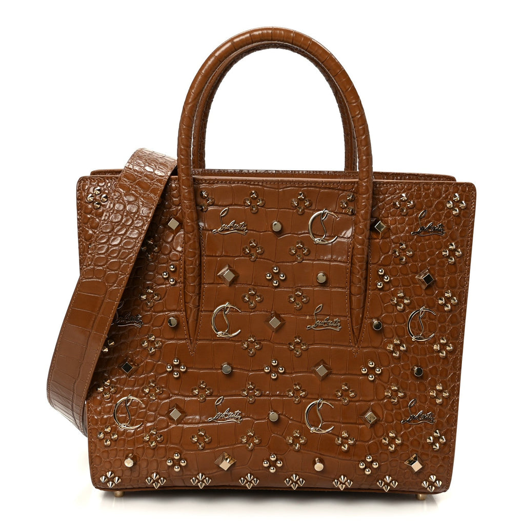 Calfskin Crocodile Embossed Studded Medium Paloma Brown