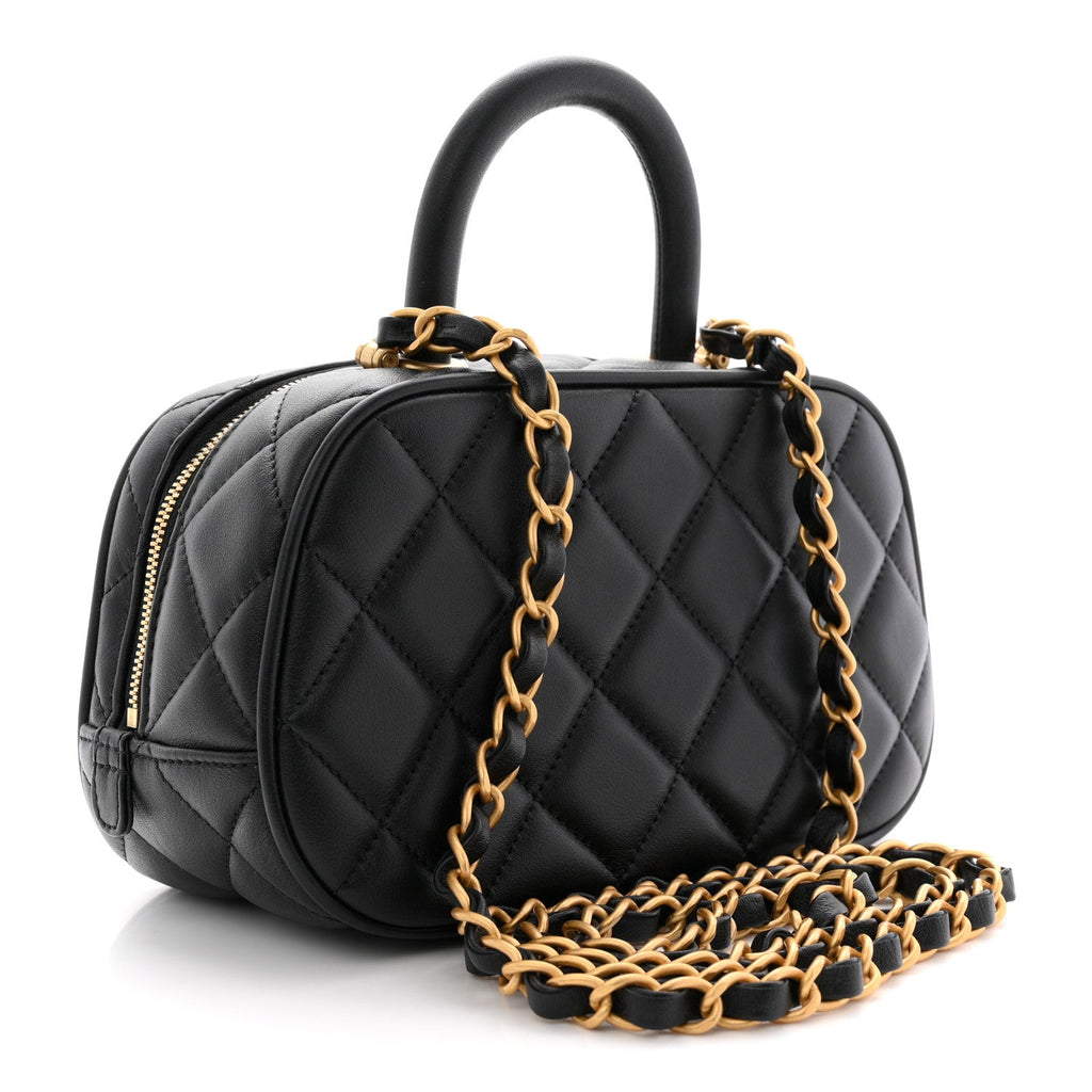 Lambskin Quilted Top Handle Mini Bowling Bag Black