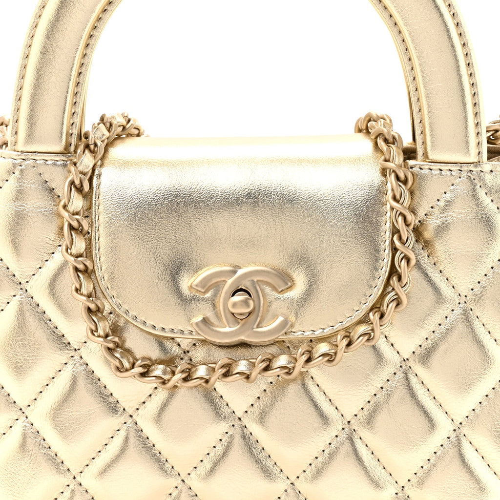 Metallic Shiny Aged Calfskin Quilted Nano Kelly Shopper Gold
