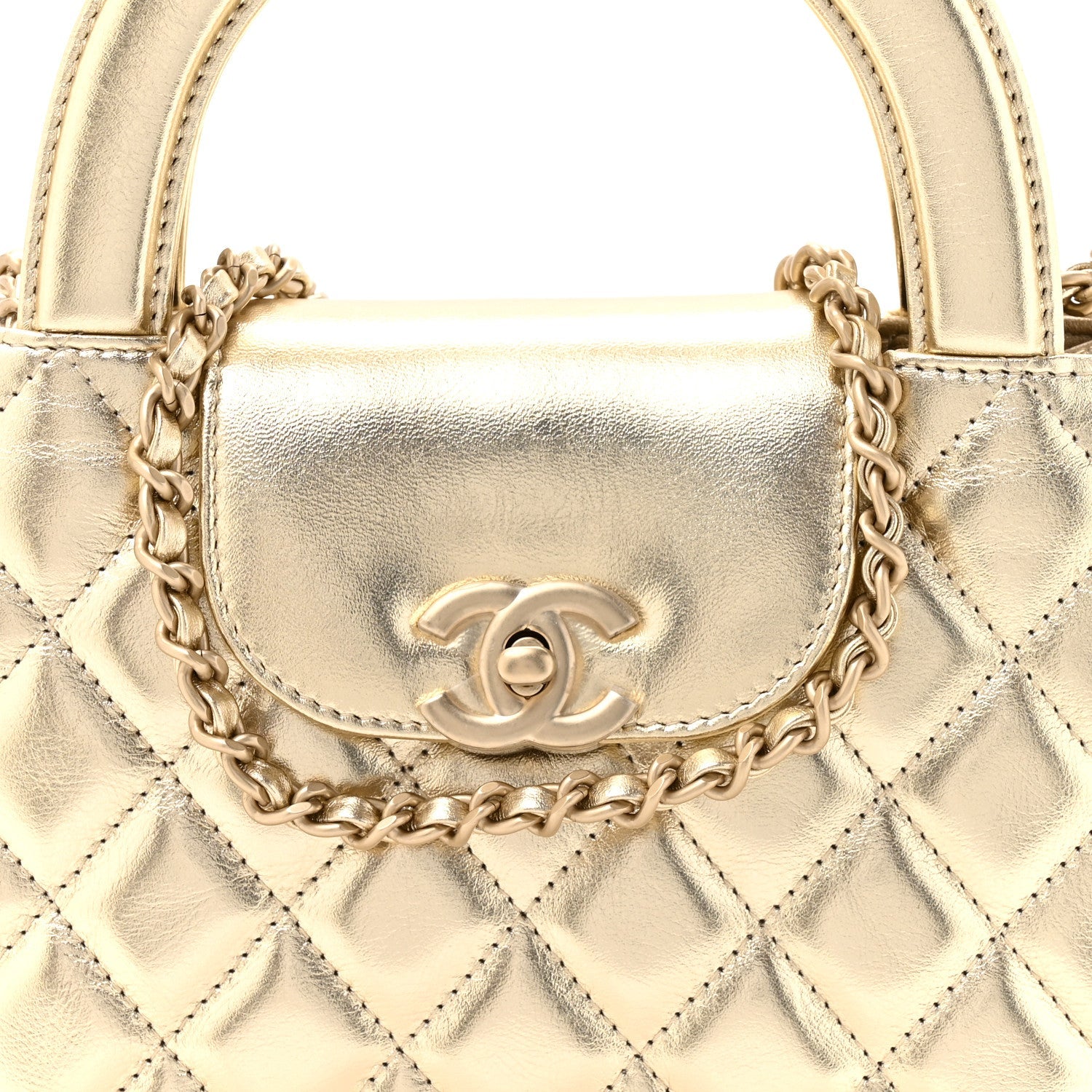Metallic Shiny Aged Calfskin Quilted Nano Kelly Shopper Gold
