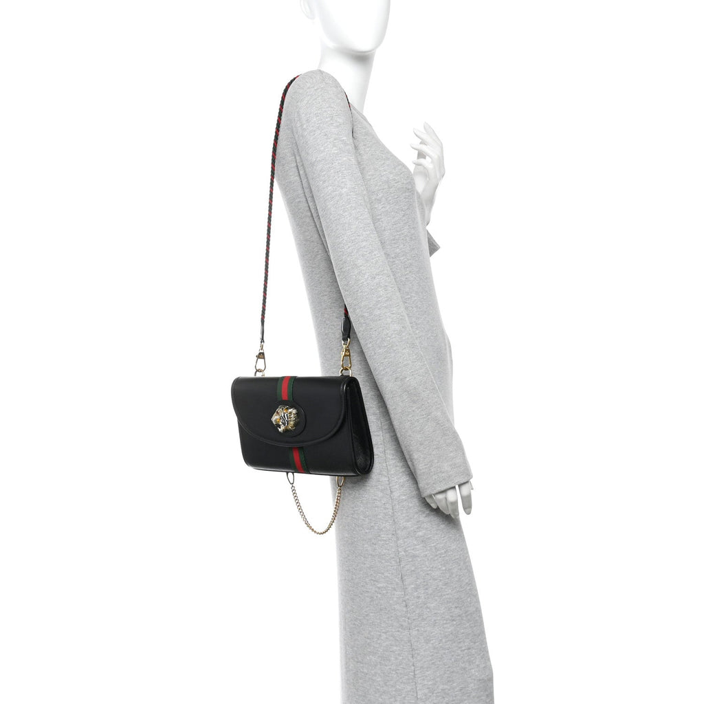 Textured Calfskin Web Small Rajah Slim Flap Shoulder Bag Black