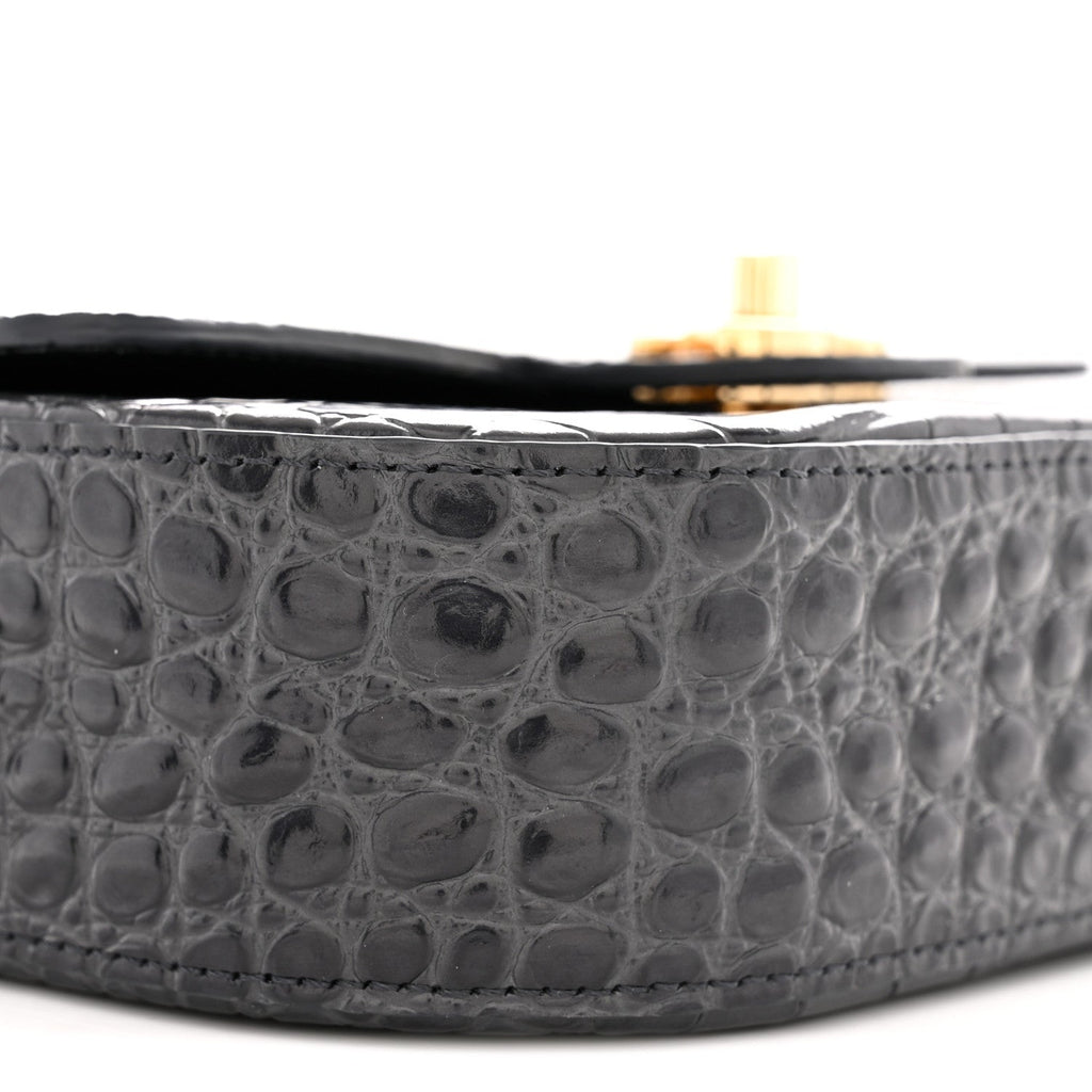 Calfskin Crocodile Embossed Turn Around Mini Flap Dark Grey Dark Grey