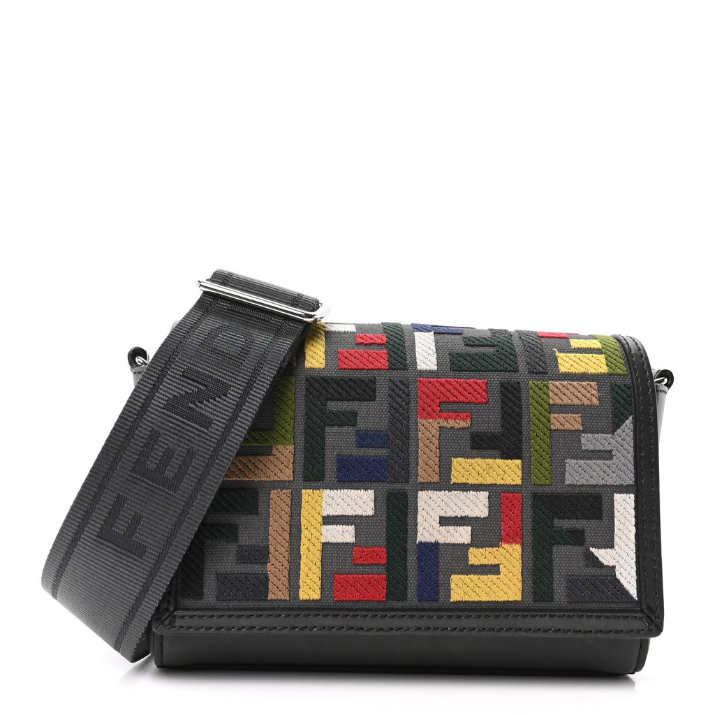 Canvas Vitello King Seta FF Embroidered Mini Compact Messenger Bag Asfalto Multicolor