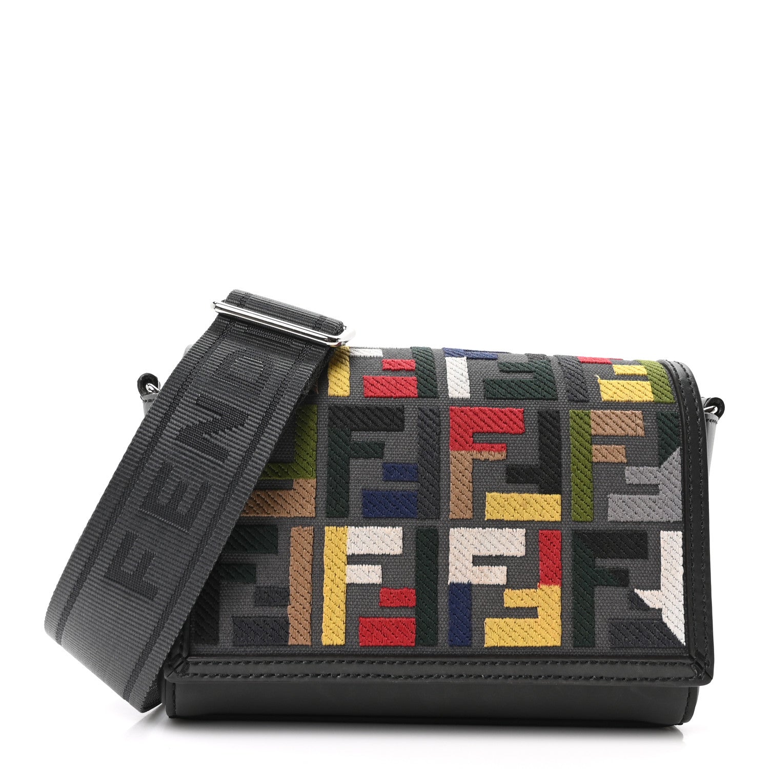 Canvas Vitello King Seta FF Embroidered Mini Compact Messenger Bag Asfalto Multicolor
