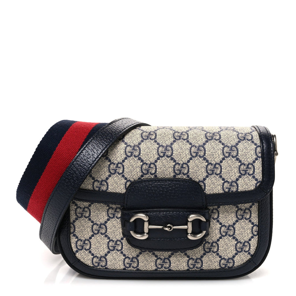 GG Supreme Monogram Textured Dollar Calfskin Web Mini Horsebit 1955 Shoulder Bag Beige Blue