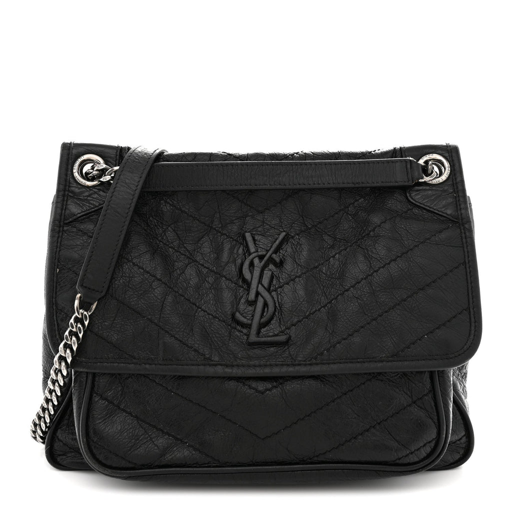 Crinkled Calfskin Matelasse Monogram Medium Niki Chain Satchel Black