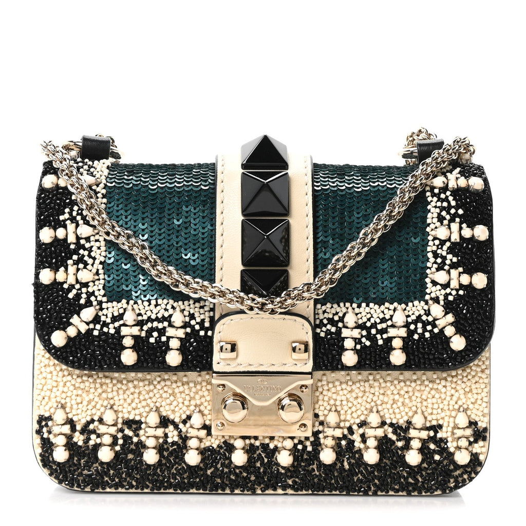 Vitello Beaded Mini Glam Lock Rockstud Flap Black Ivory Green