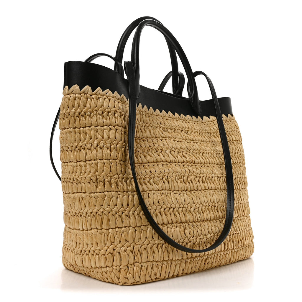 Yarn Raffia Effect Calfskin Crochet Embroidered Medium Logo Tote Tan Black