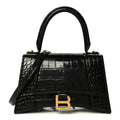 Shiny Calfskin Crocodile Embossed Small Hourglass Top Handle Bag Black