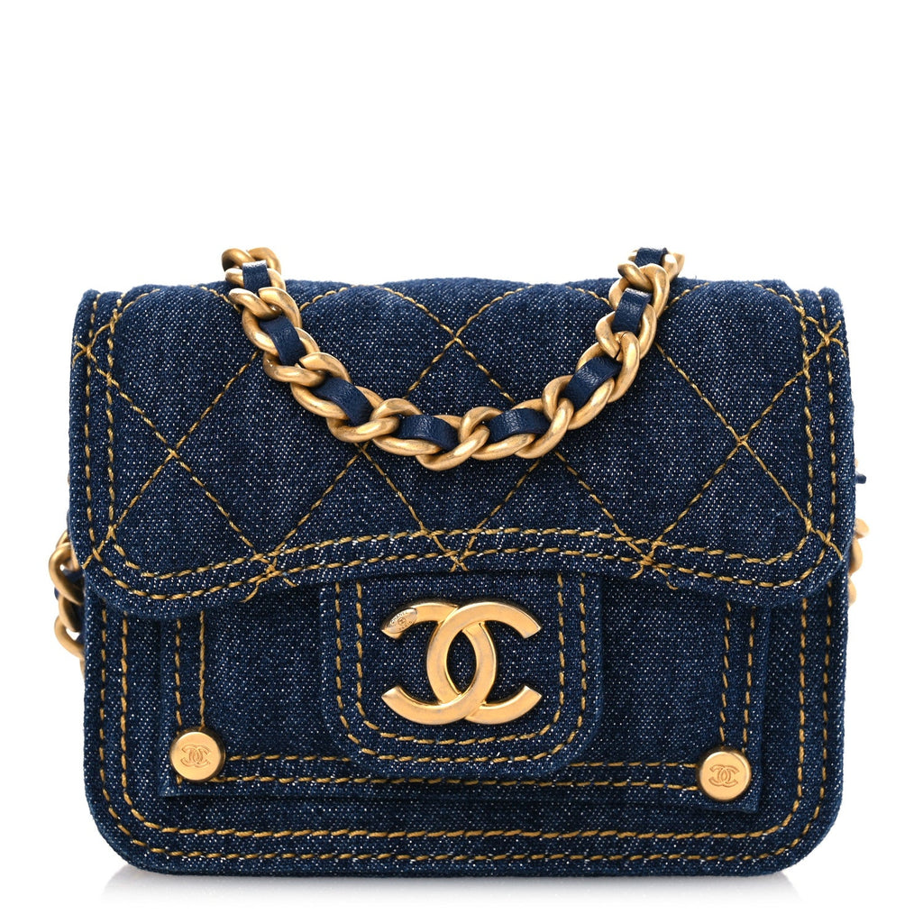 Denim Quilted Double You Card Holder On Chain Blue