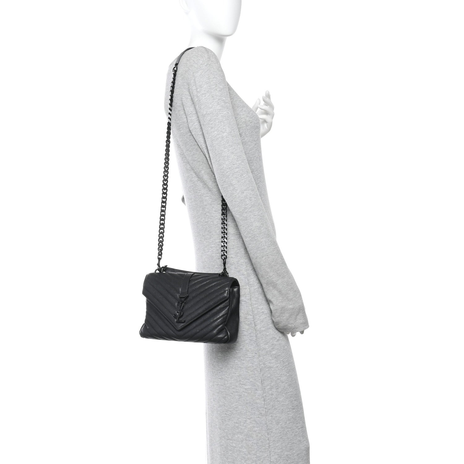Sheepskin Matelasse Chevron Monogram Monochrome Medium College Bag Black