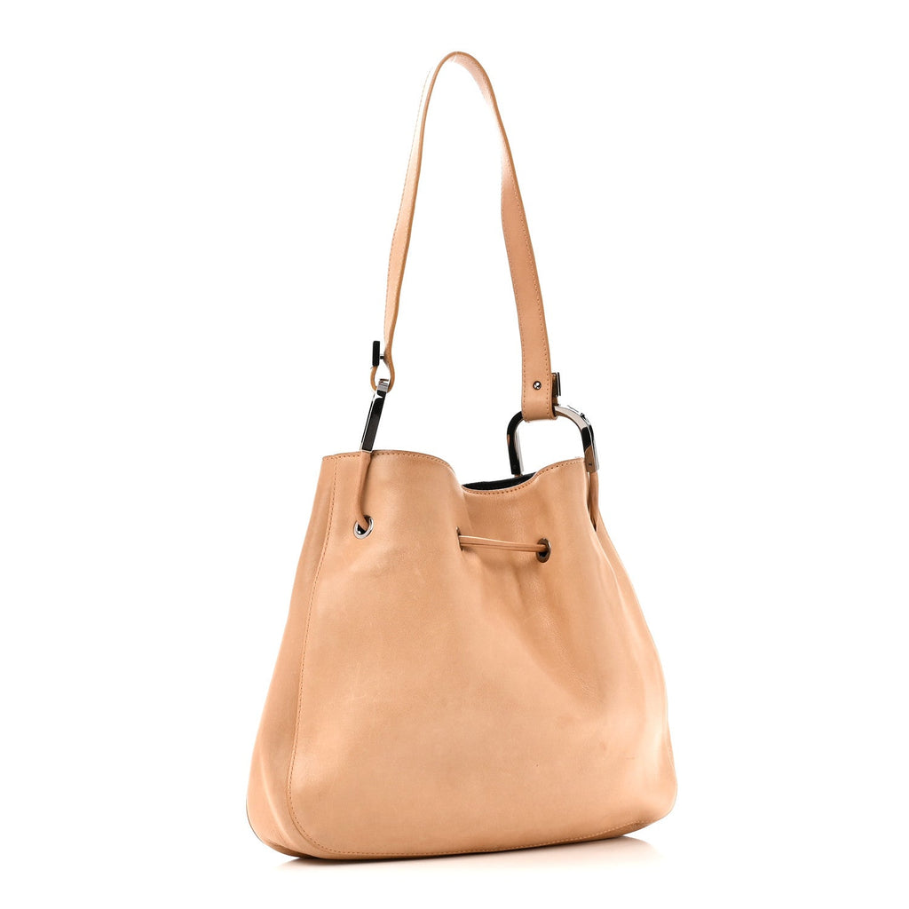 Calfskin Drawstring Small Drawstring Shoulder Bag Beige