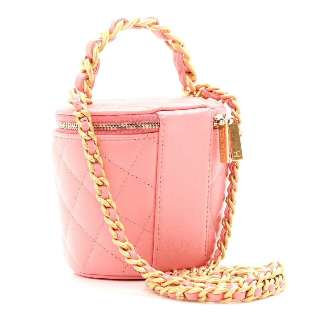 Lambskin Quilted Afternoon Tea Top Handle Vanity Case With Chain  Light Pink