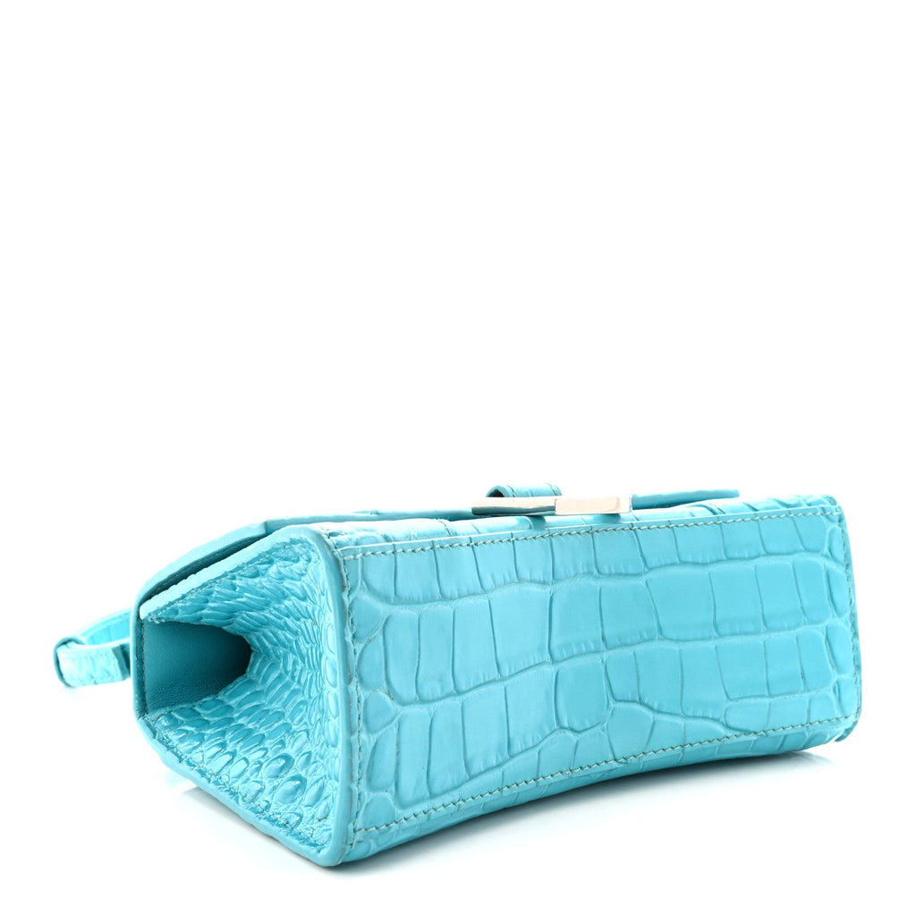 Shiny Calfskin Crocodile Embossed Hourglass Top Handle Bag XS Azur