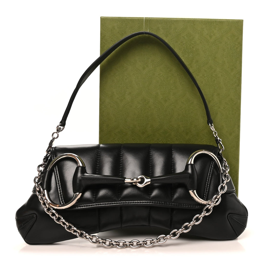 Nappa Vertical Matelasse Medium Maxi Horsebit Chain Shoulder Bag Black