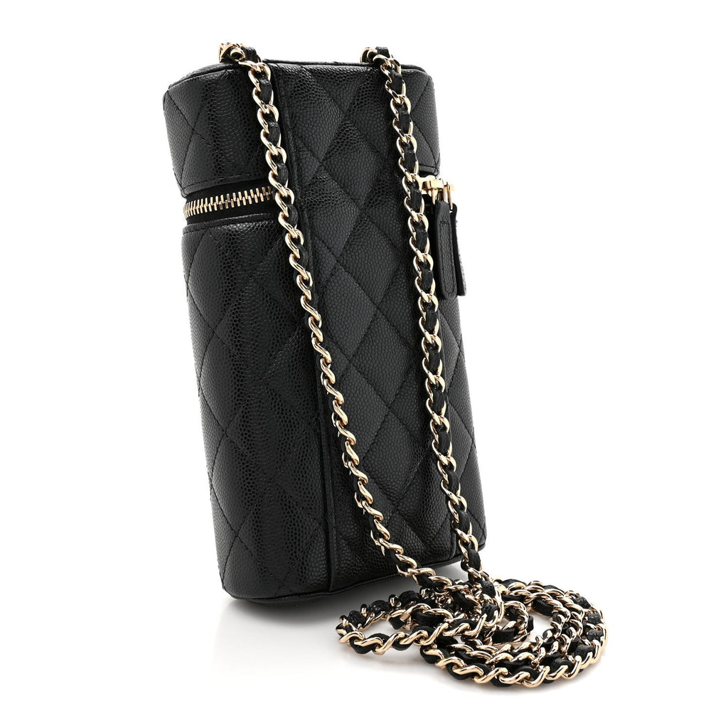 Caviar Quilted Phone Holder With Chain Black