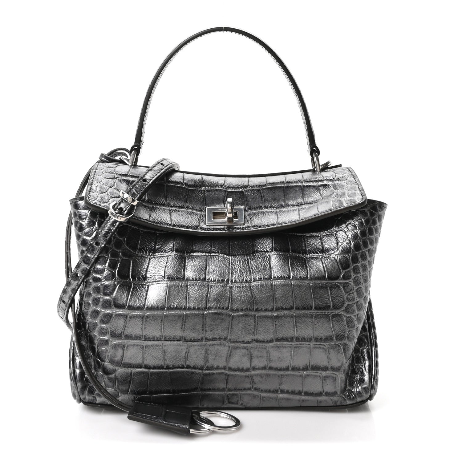 Metallized Calfskin Crocodile Embossed Mini Rodeo Top Handle Handbag Gunmetal