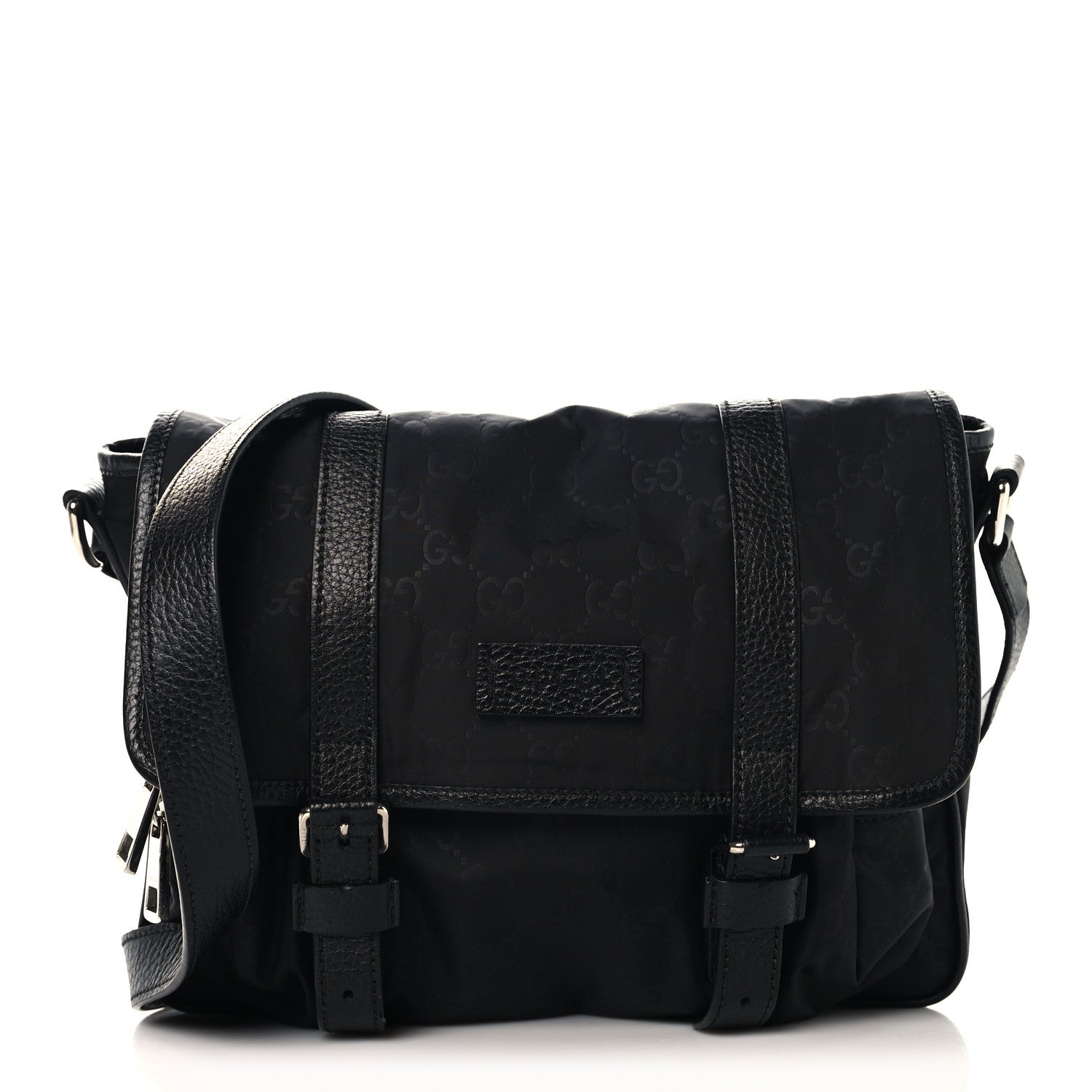 Nylon Monogram Double Buckle Flap Messenger Bag Black
