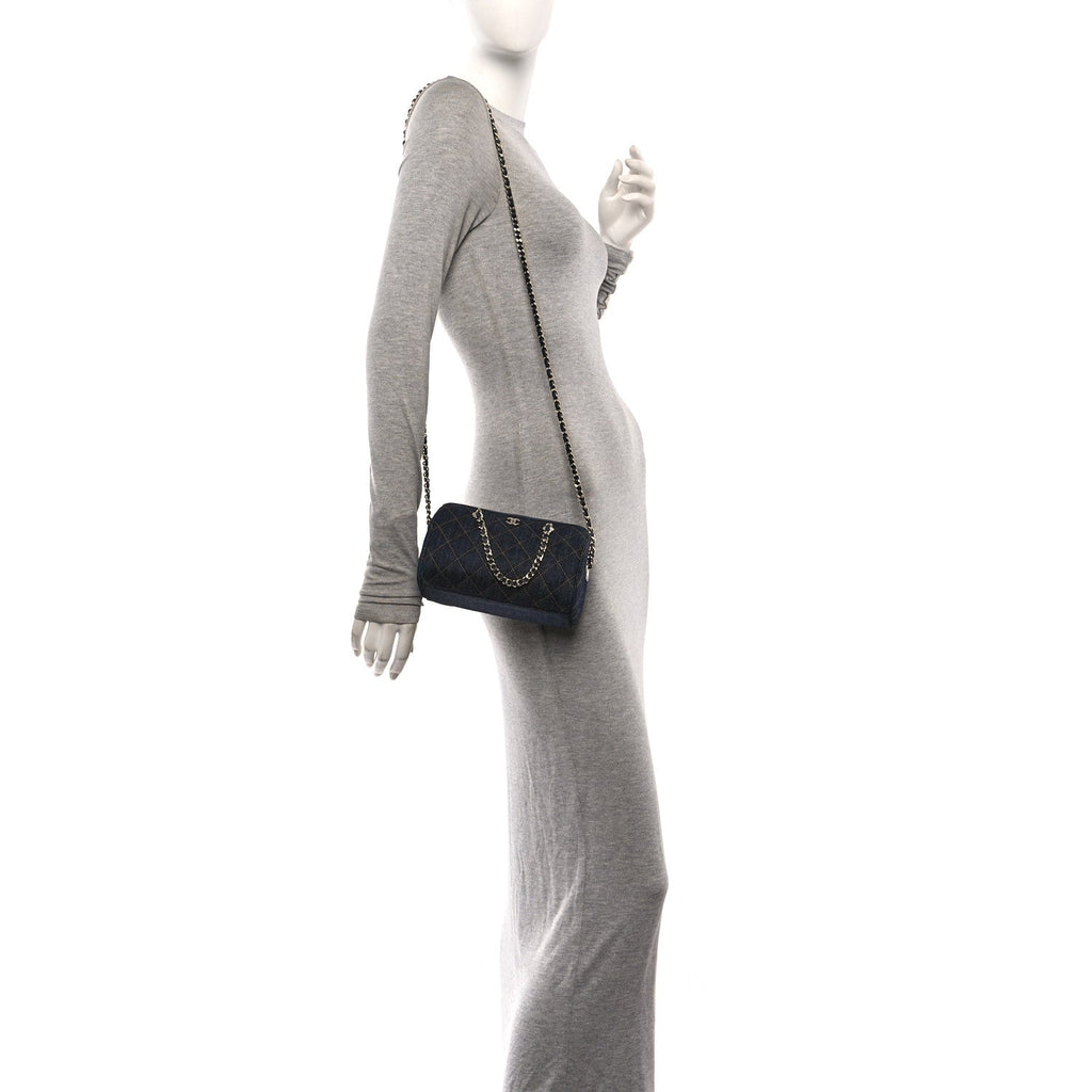 Denim Quilted Barrel Clutch With Chain Dark Blue Orange