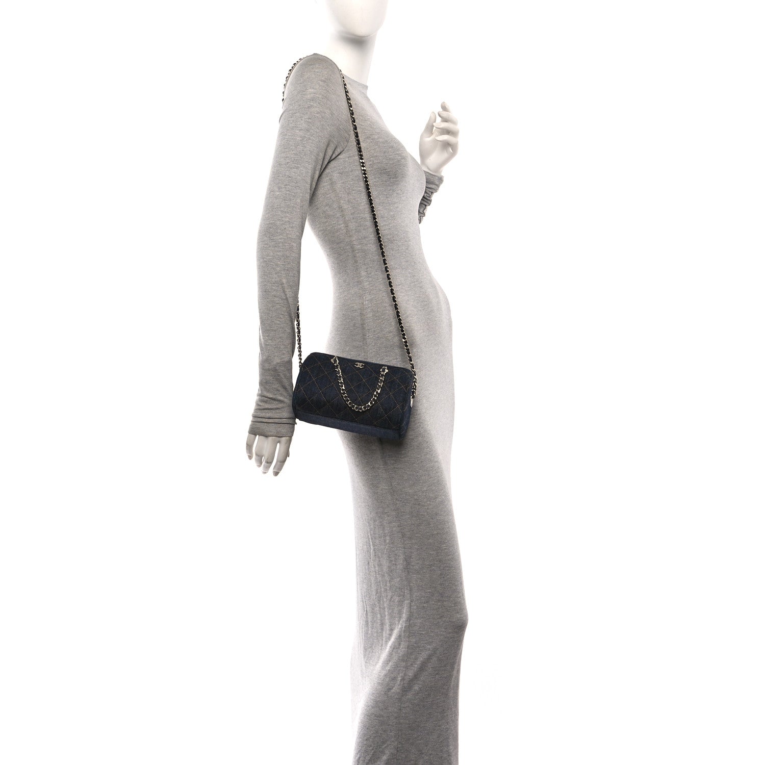 Denim Quilted Barrel Clutch With Chain Dark Blue Orange