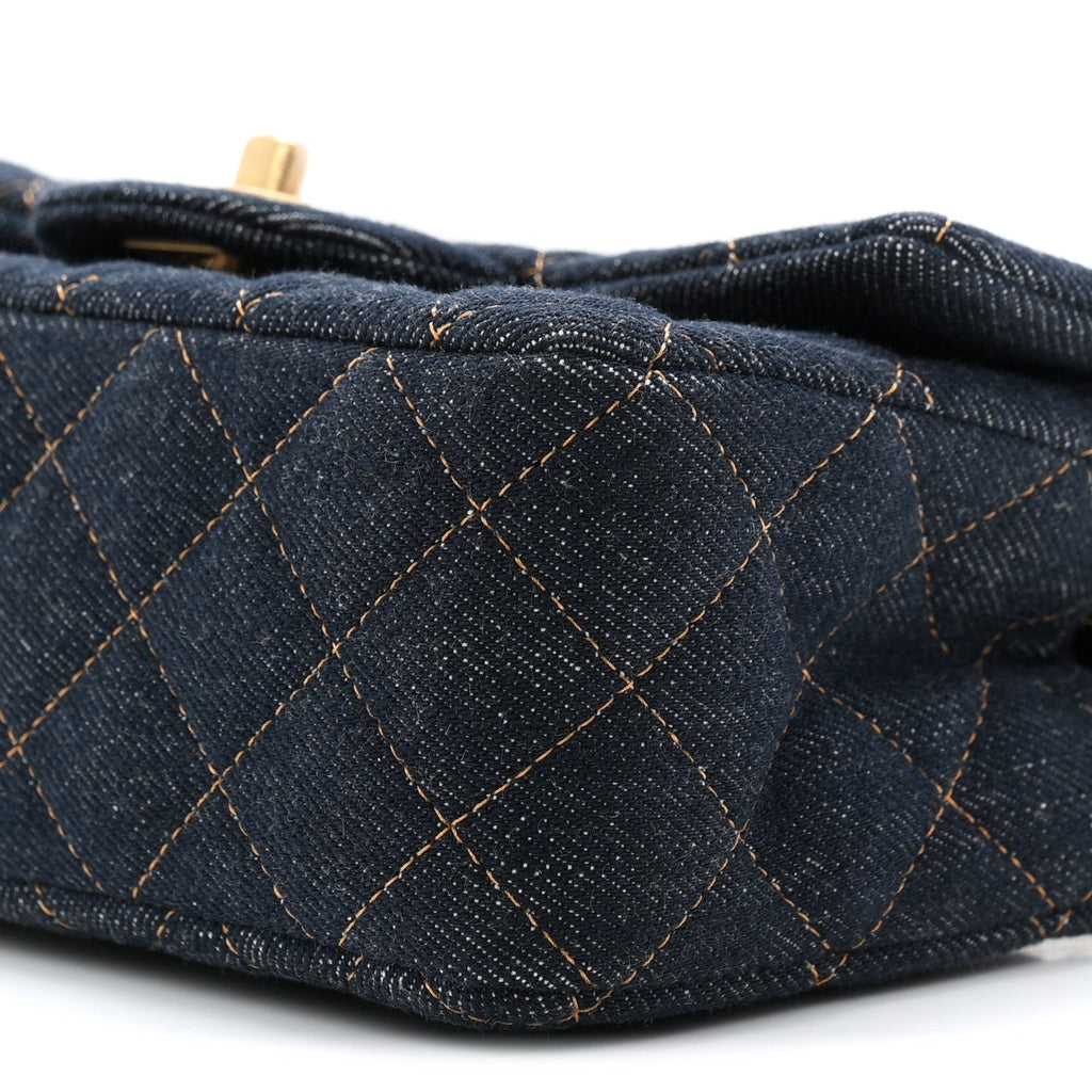 Denim Quilted Mini Rectangular Flap Dark Blue