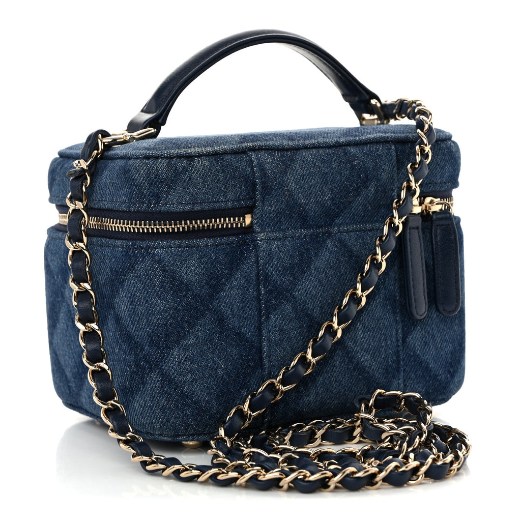 Printed Denim Quilted Mini Top Handle Vanity Case With Chain Dark Blue