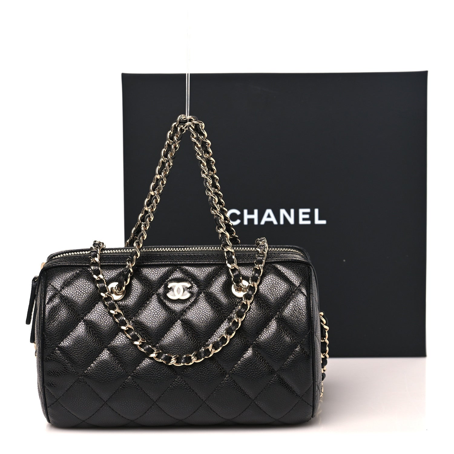 Caviar Quilted Barrel Clutch With Chain  Black