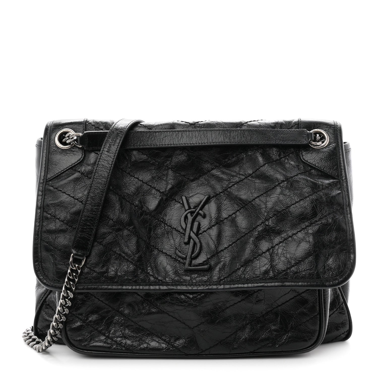 Crinkled Calfskin Matelasse Monogram Large Niki Chain Satchel Black