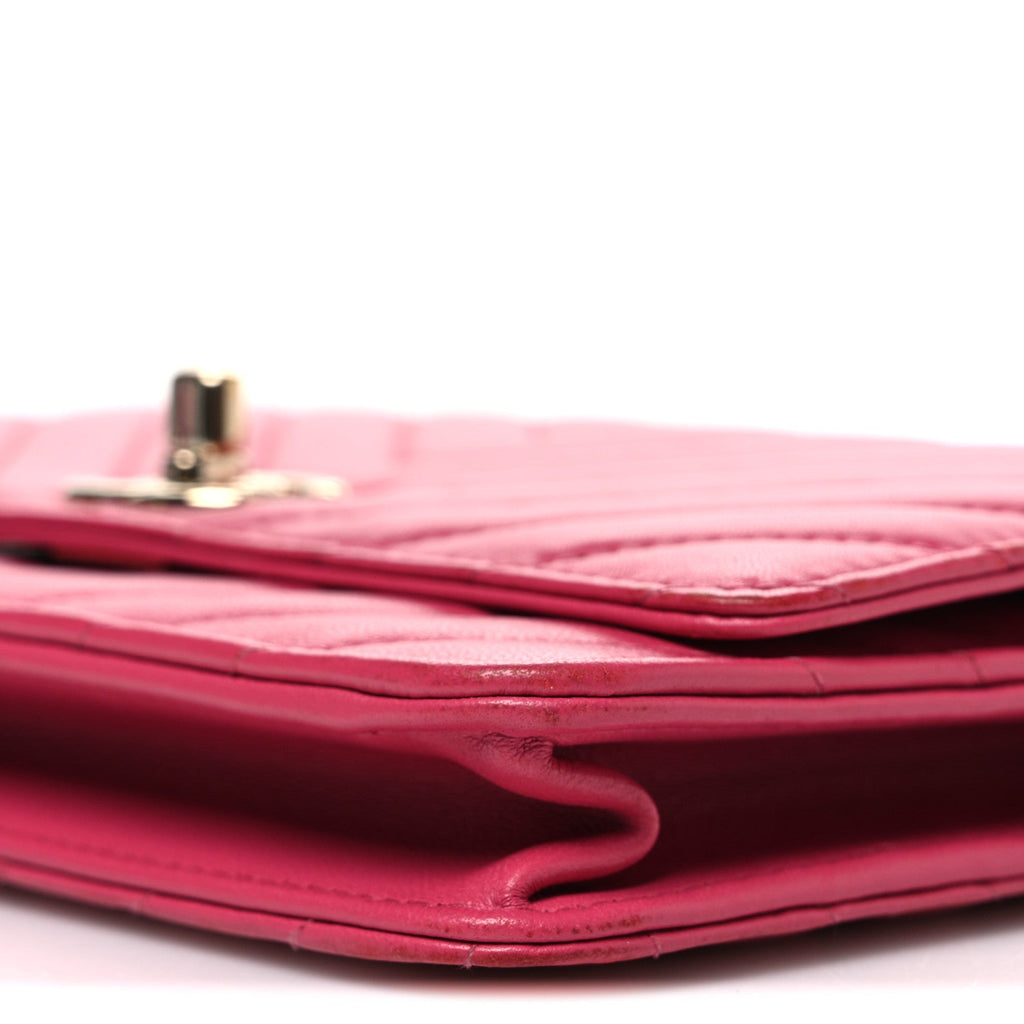 Lambskin Chevron Quilted Trendy CC Wallet On Chain WOC Dark Pink