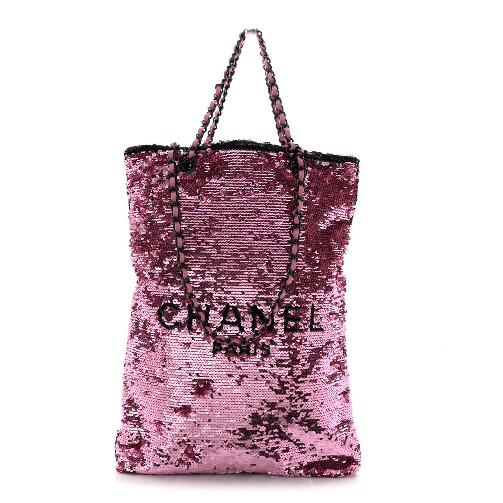 Sequin Logo Shopping Tote Pink Black