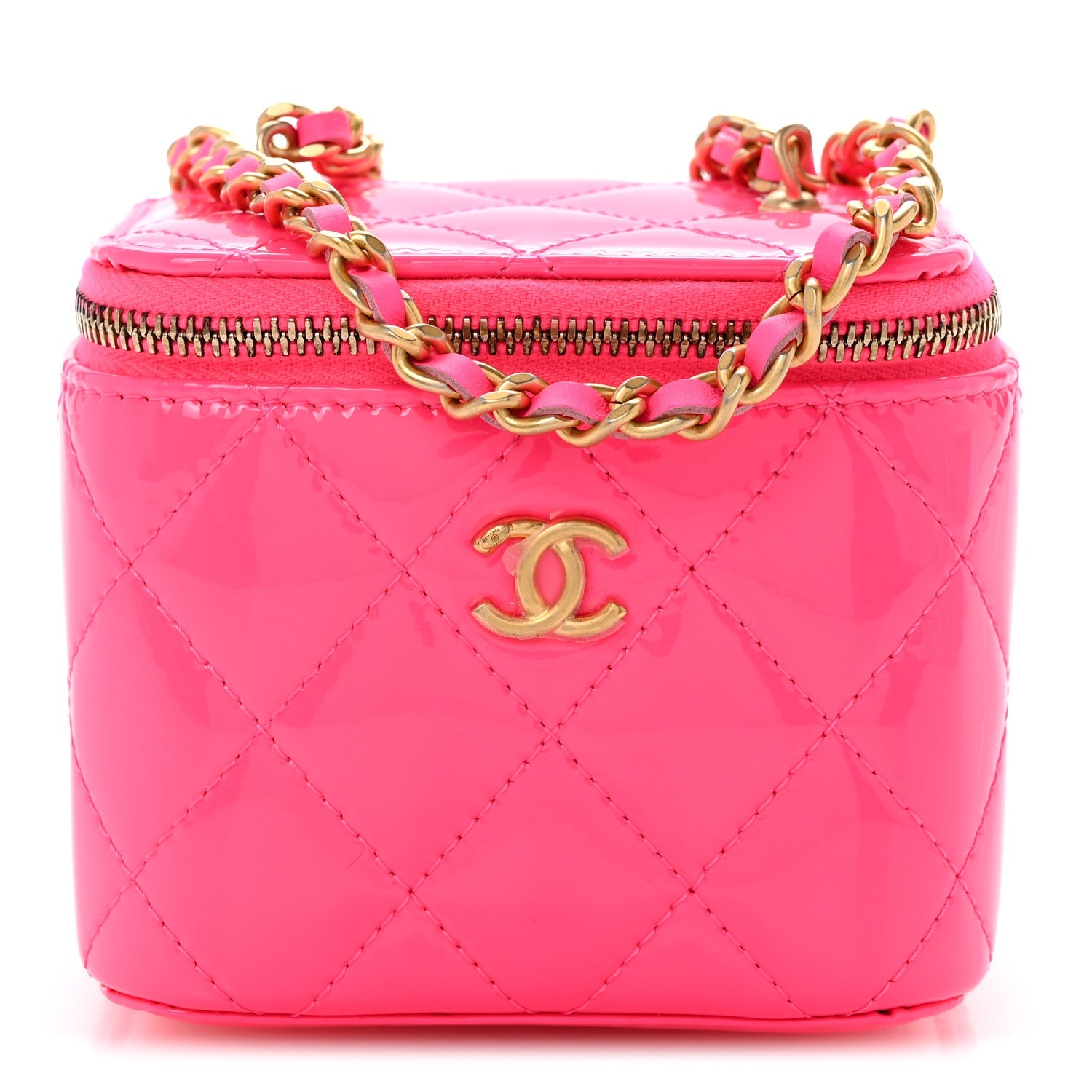Patent Quilted Pearl Crush Mini Vanity Case With Chain Neon Pink