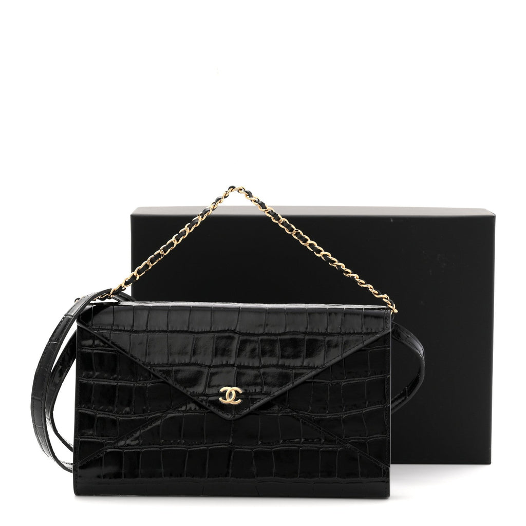 Calfskin Crocodile Embossed Clutch With Chain Black