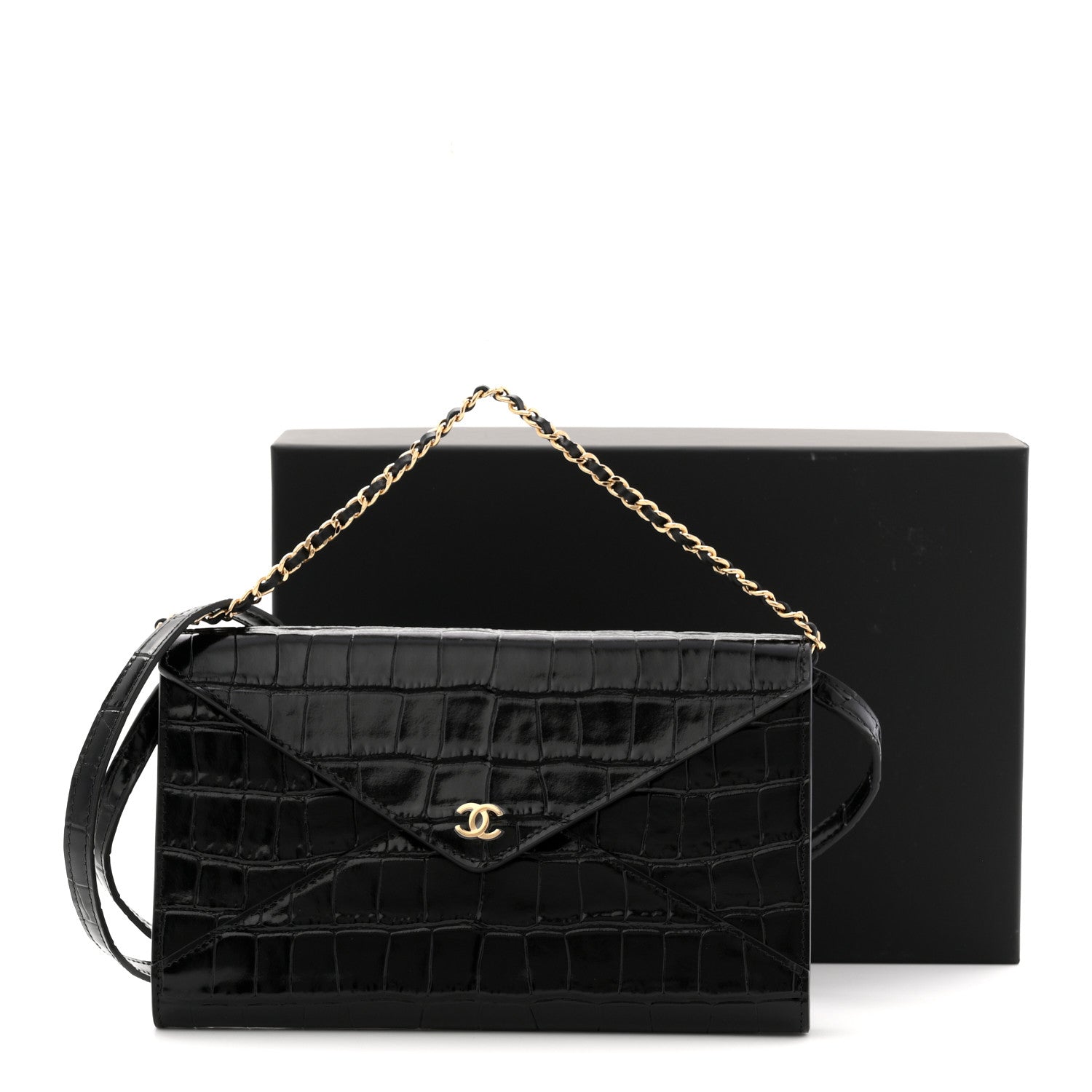 Calfskin Crocodile Embossed Clutch With Chain Black
