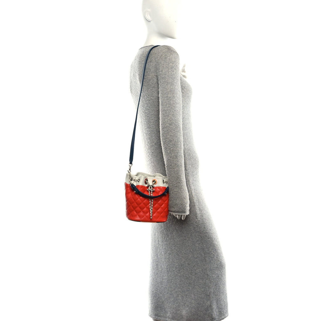 Lambskin Quilted Cuba Drawstring Tote Red White Blue