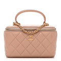 Lambskin Quilted Small Top Handle Vanity Case With Chain Beige