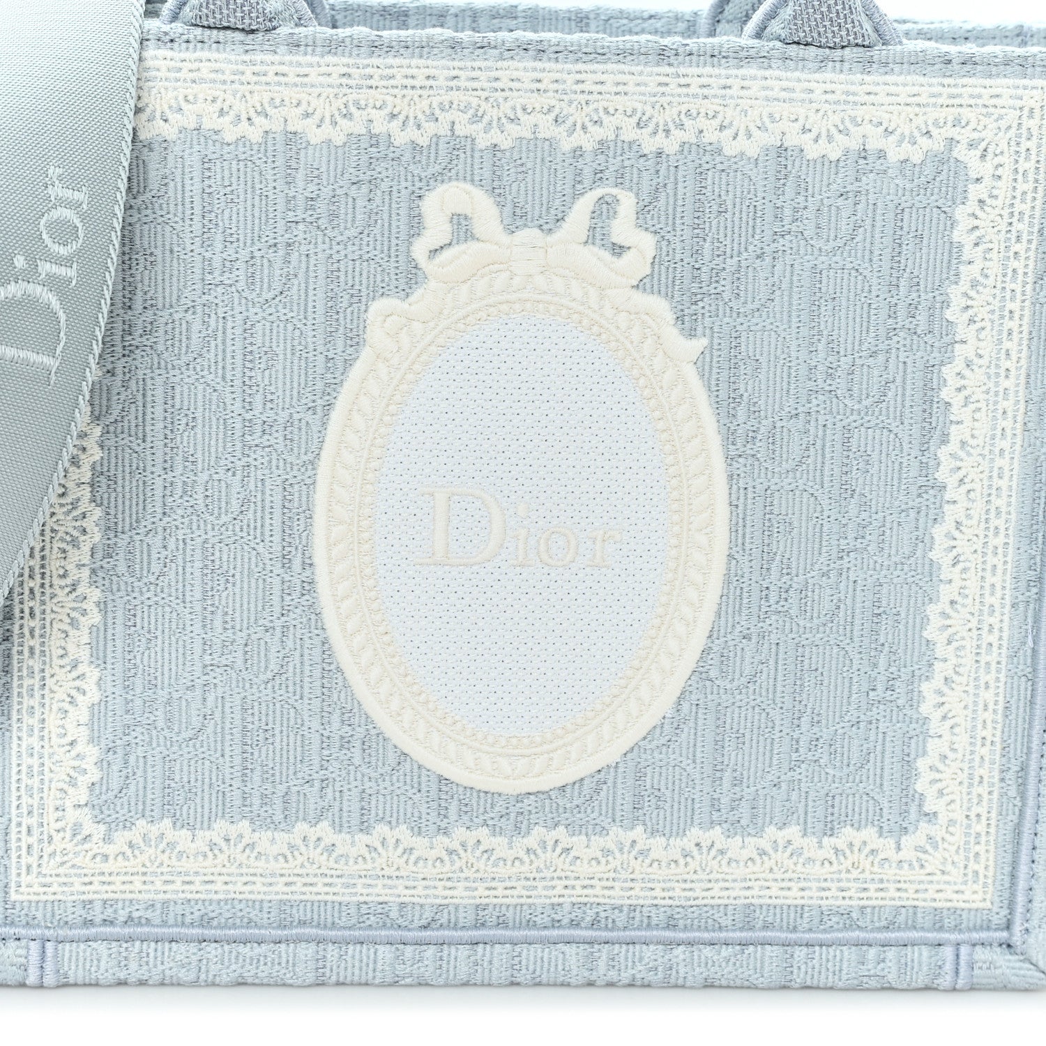 Oblique Embroidered Lace Dior Medallion Small Book Tote With Strap Celestial Blue White