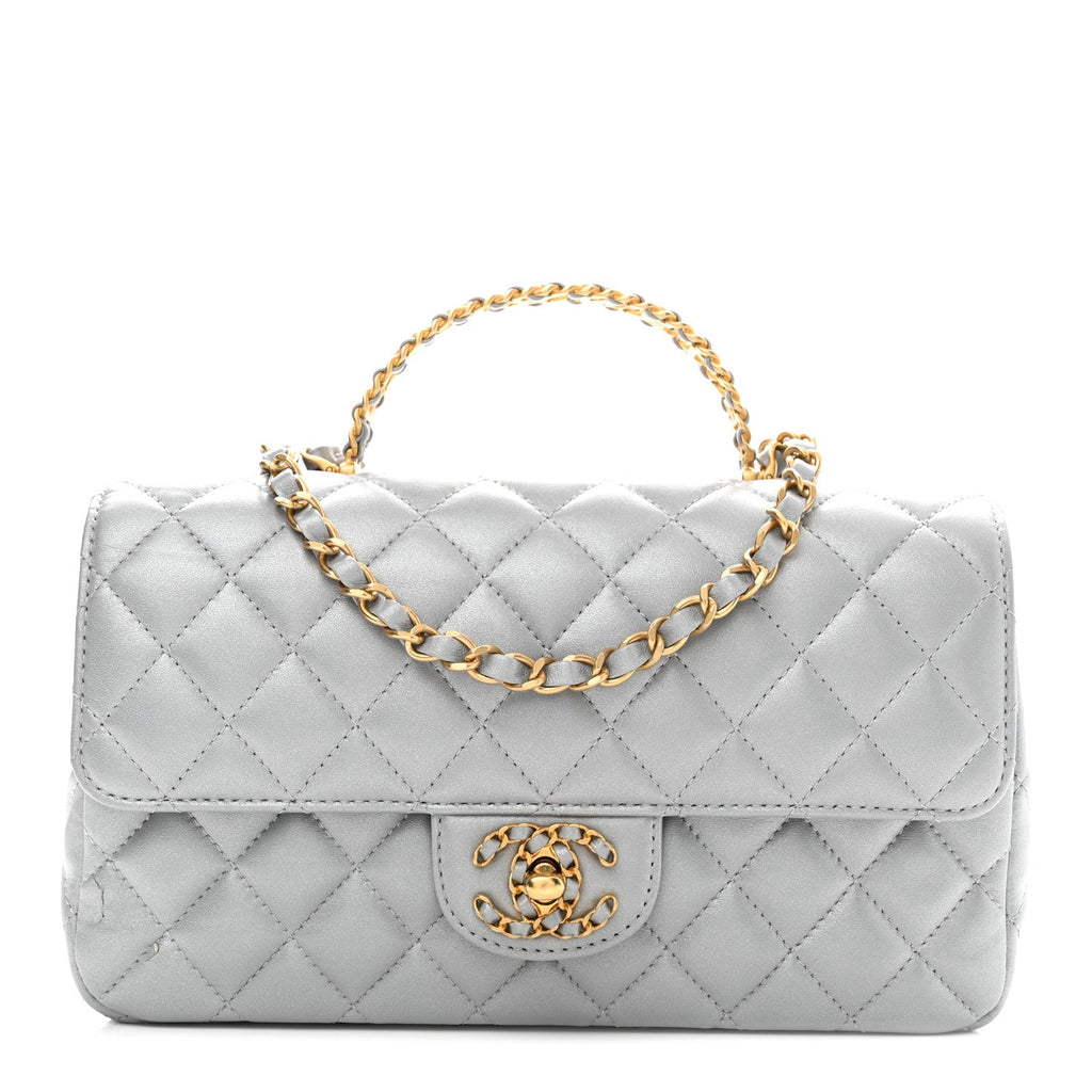 Metallic Lambskin Quilted Small Strass On Top Flap Silvery