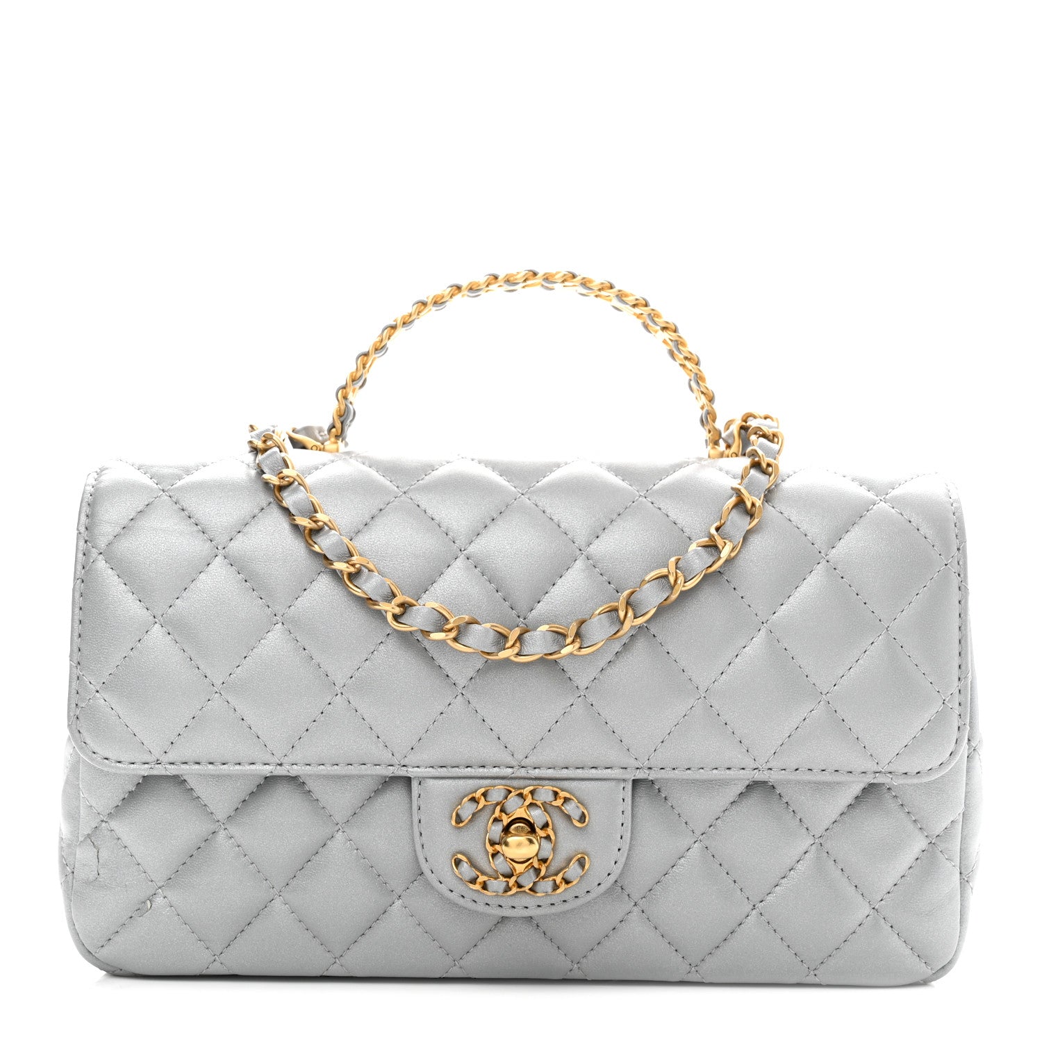 Metallic Lambskin Quilted Small Strass On Top Flap Silvery