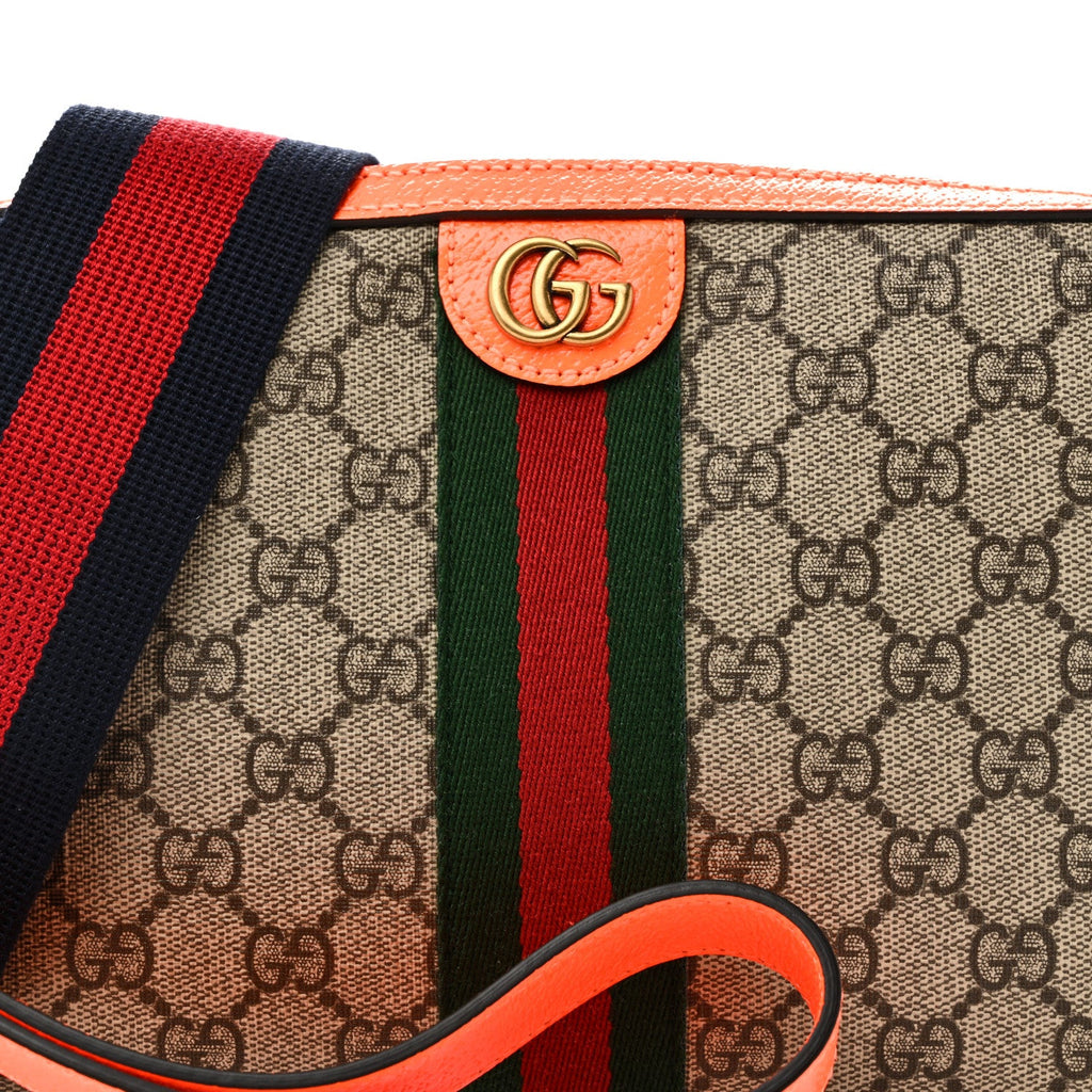 GG Supreme Monogram Textured Dollar Calfskin Web Ophidia Wristlet Shoulder Bag Beige Ebony Orange