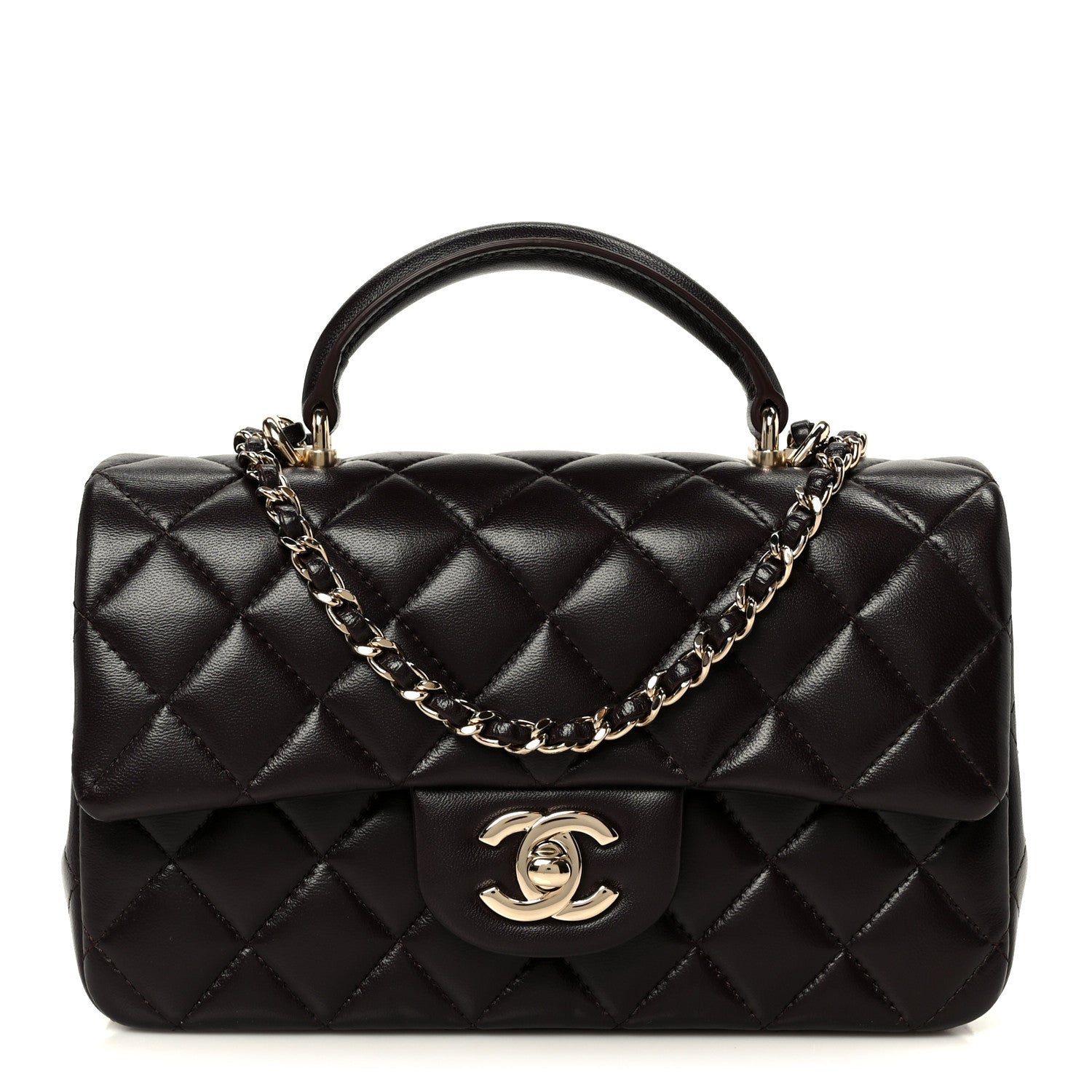 Lambskin Quilted Mini Top Handle Rectangular Flap Dark Brown
