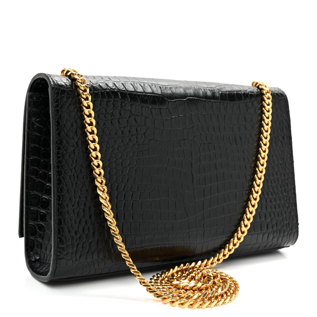Calfskin Crocodile Embossed Medium Classic Monogram Kate Tassel Satchel Black Black