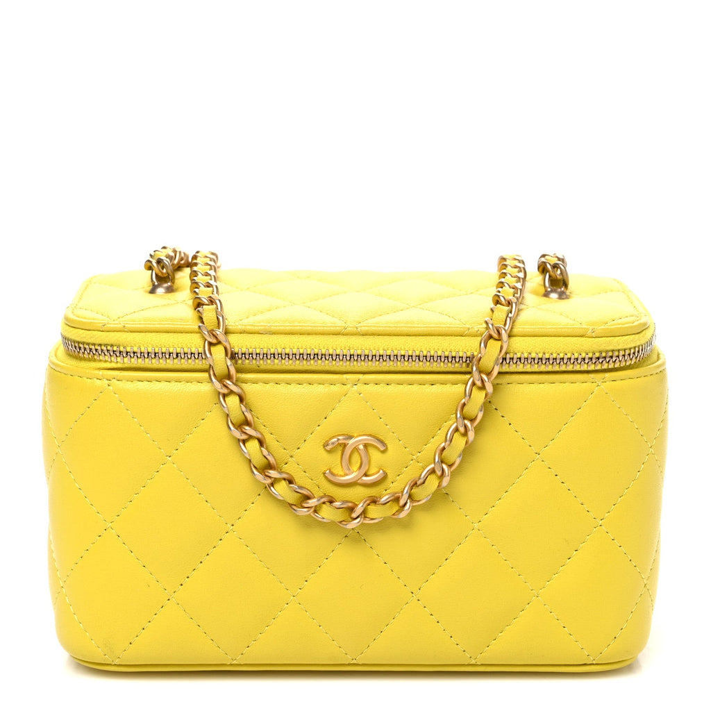Lambskin Quilted Small Pearl Crush Vanity Case With Chain Yellow