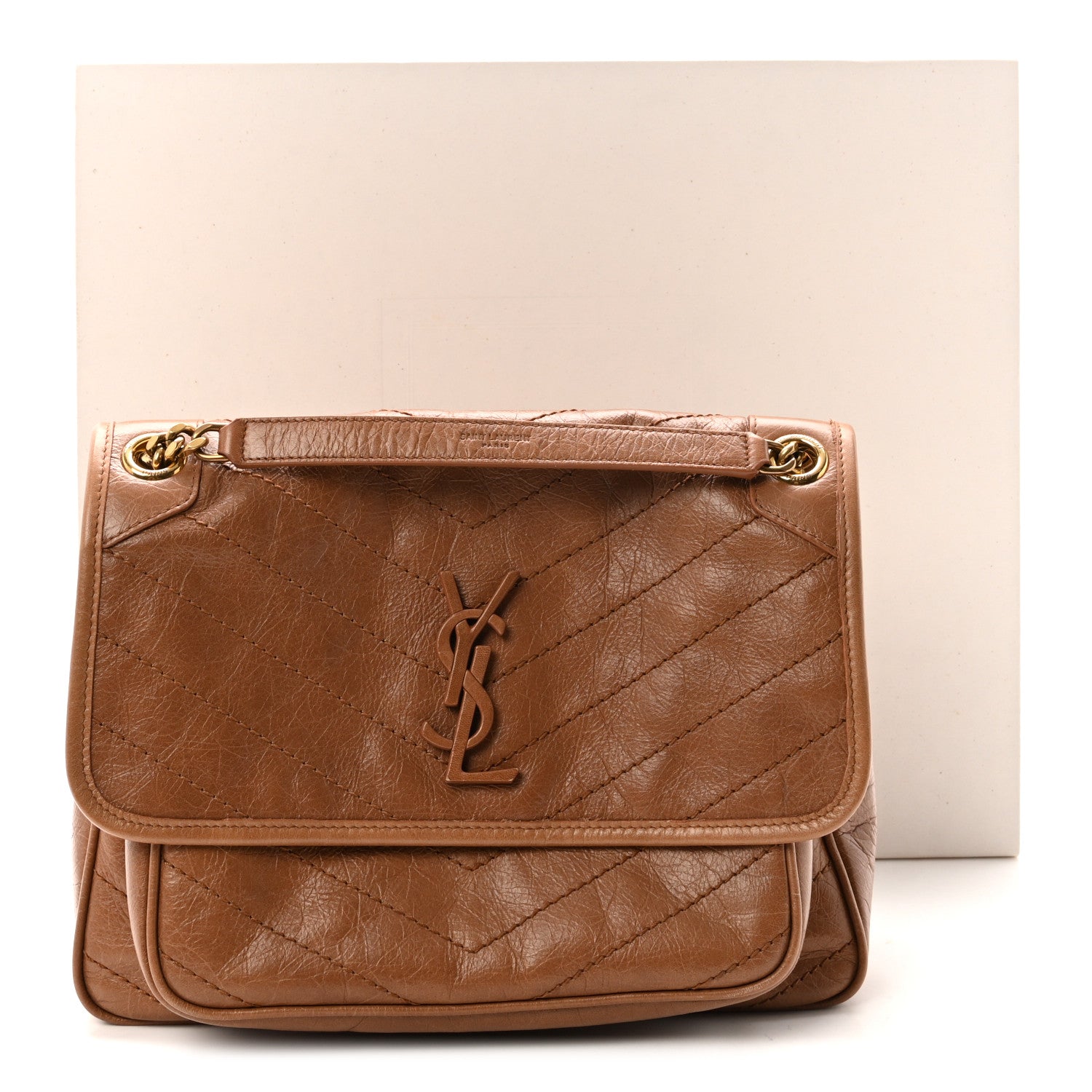 Crinkled Calfskin Matelasse Monogram Medium Niki Chain Satchel Caramel
