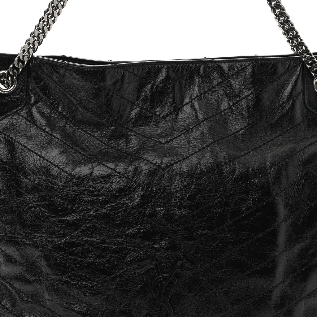 Crinkled Calfskin Matelasse Monogram Large Niki Shopper Tote Black
