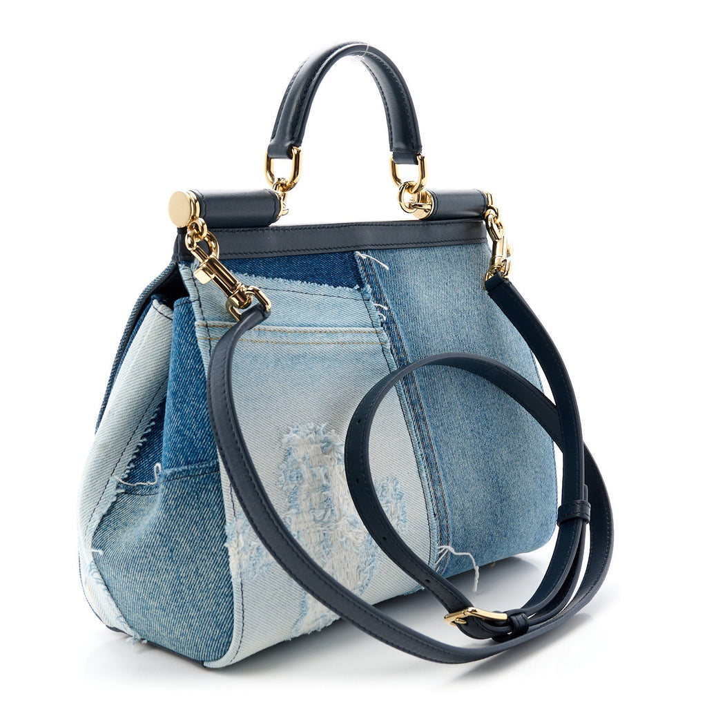 Calfskin Denim Patchwork Medium Miss Sicily Satchel Blue
