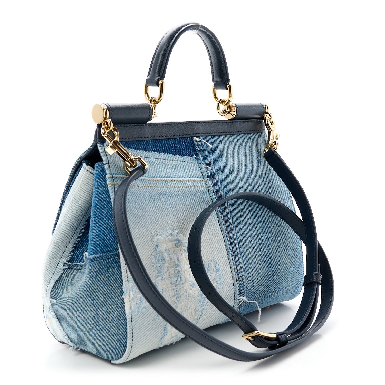 Calfskin Denim Patchwork Medium Miss Sicily Satchel Blue