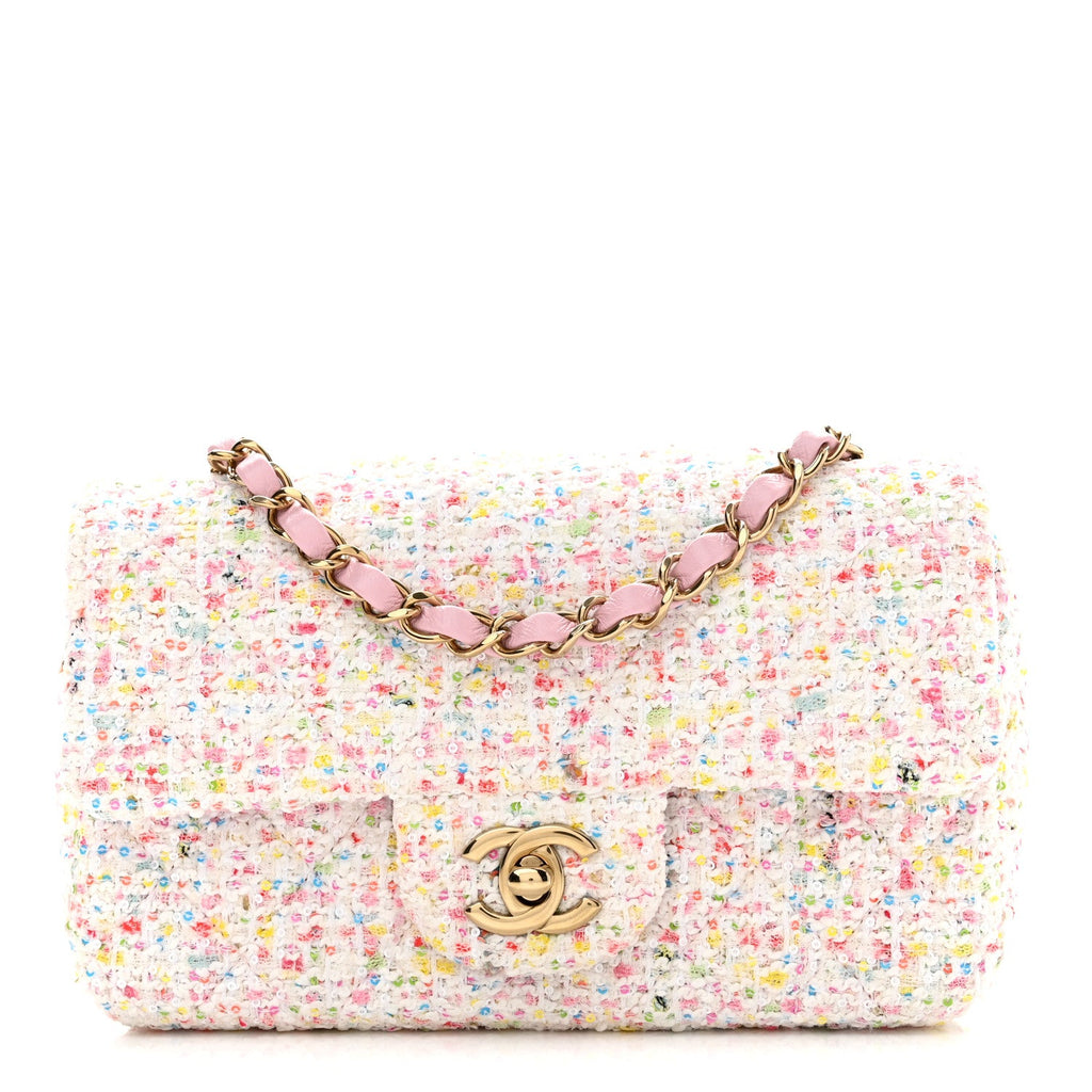 Tweed Sequin Quilted Mini Rectangular Flap White Pink Green Blue