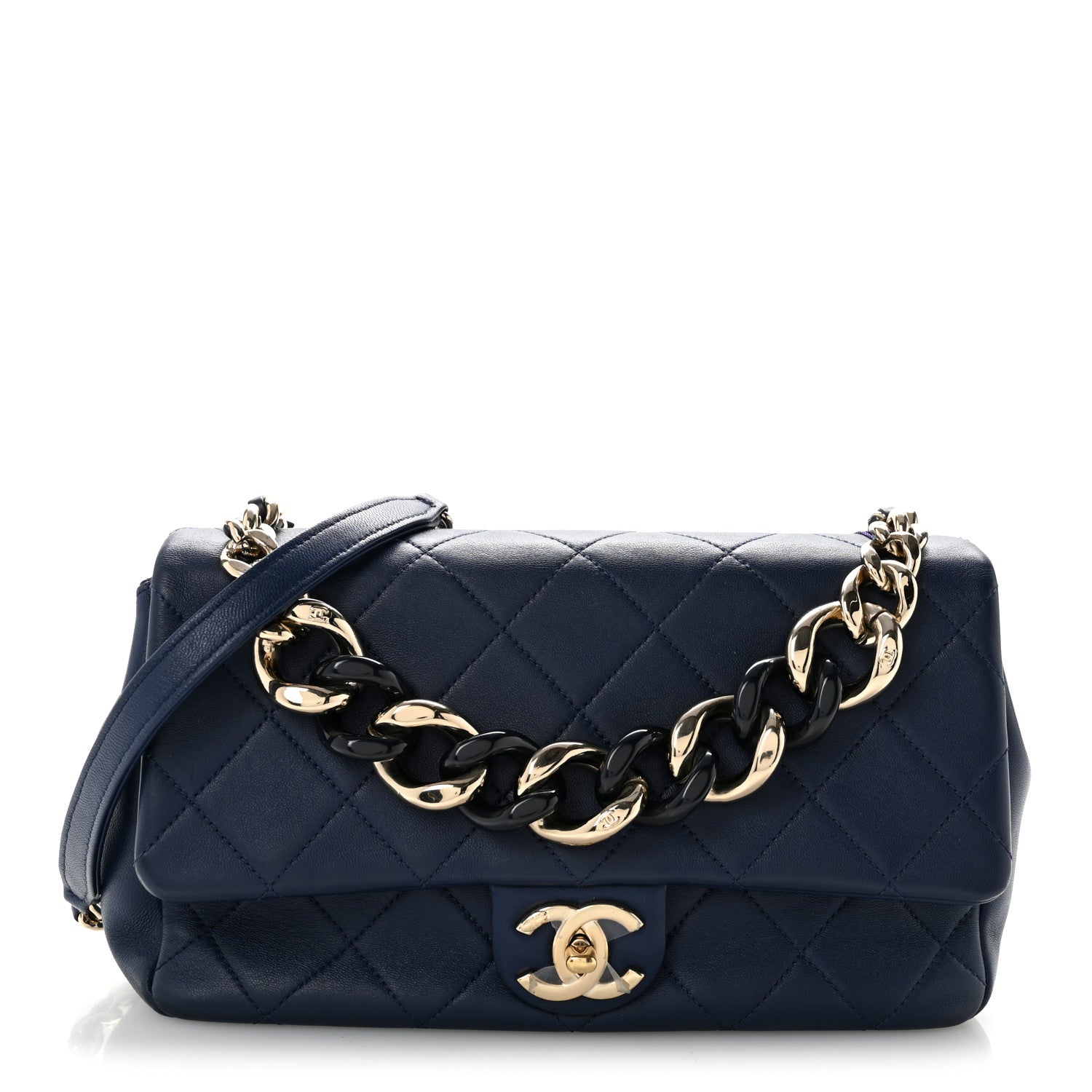 Lambskin Quilted Resin Bi-Color Chain Flap Bag Navy