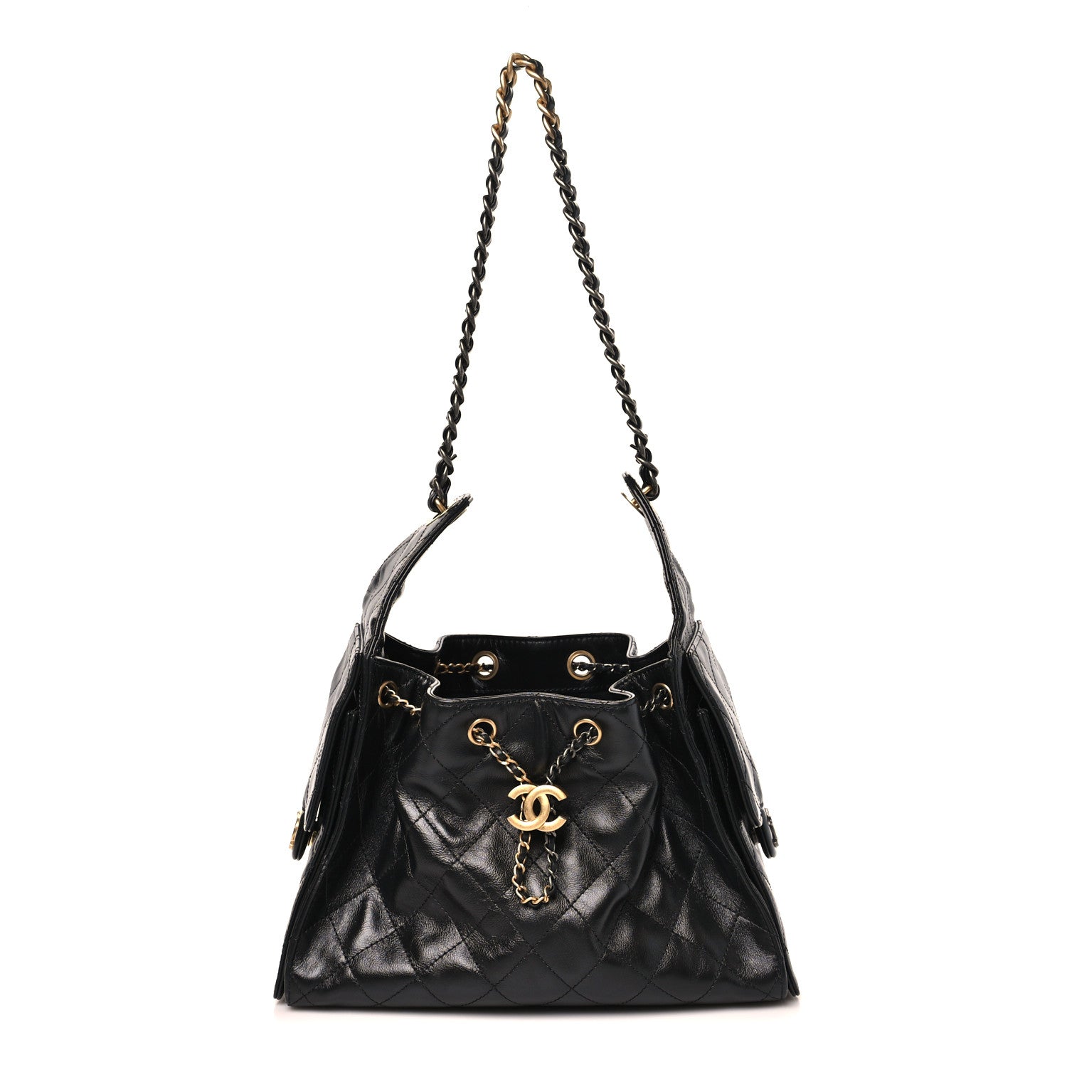 Shiny Crumpled Calfskin Quilted Small Chanel 25 Handbag Black